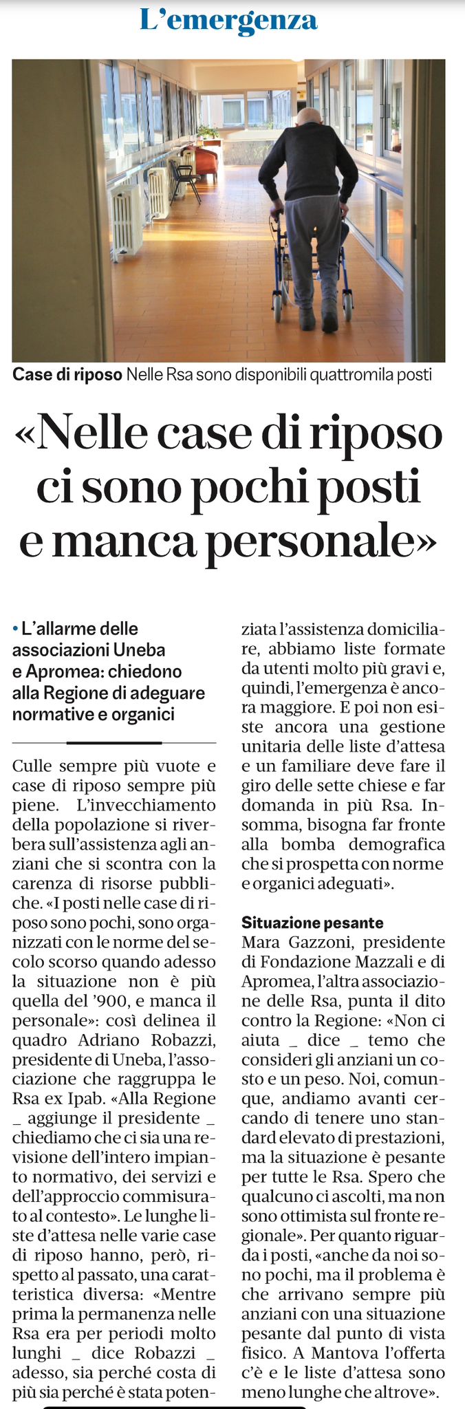 NELLE CASE DI RIPOSO CI SONO POCHI POSTI E MANCA PERSONALE - GAZZETTA DI MANTOVA DEL 25 MARZO 2024